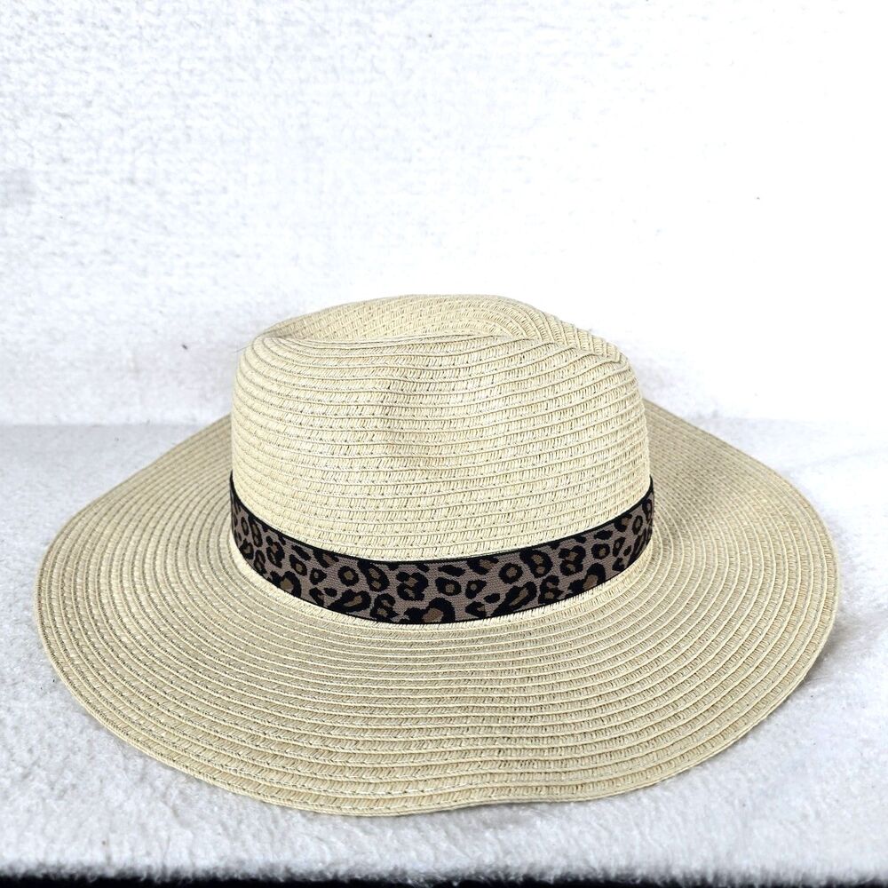 J. Crew Leopard Animal Print Band Fedora Hat Teardrop Crown Straw Sun Beach
